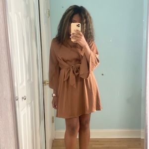 New Satin Brown Mini Dress with Kimono Sleeves